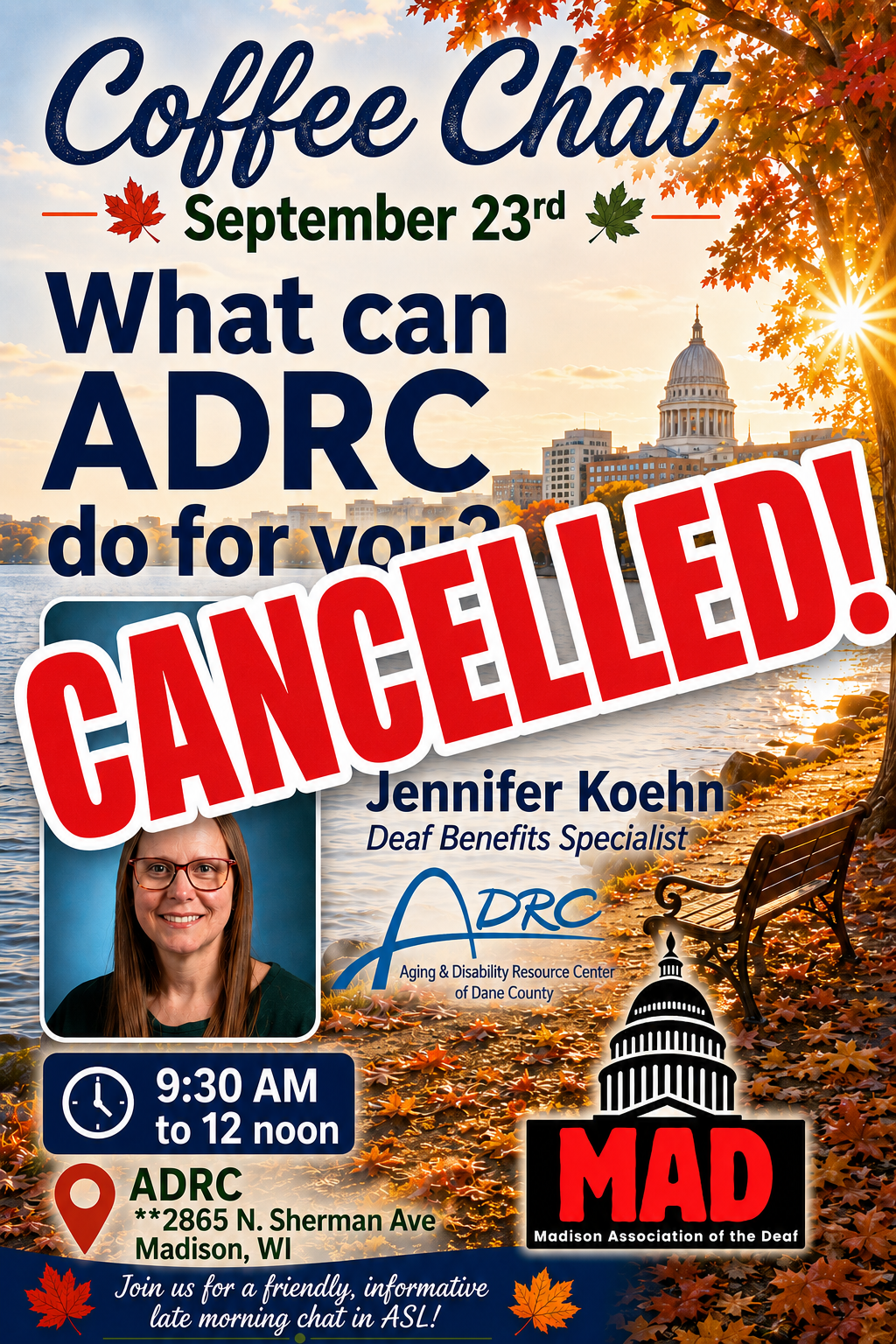 MAD Coffee Chat on ADRC CANCELLED flyer