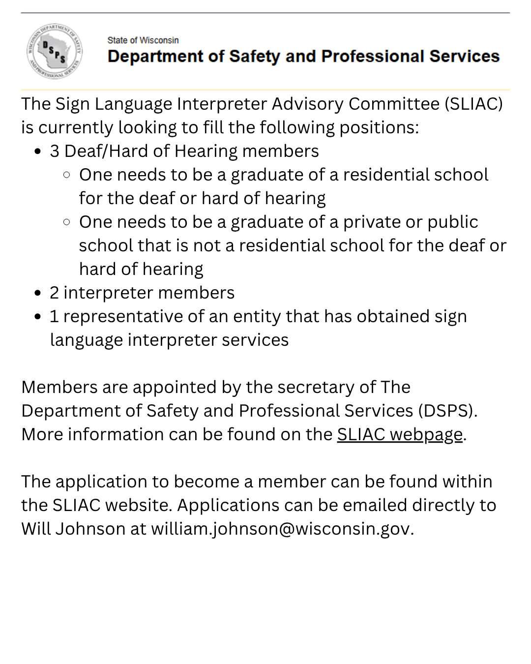 DSPS SLIAC Open Position