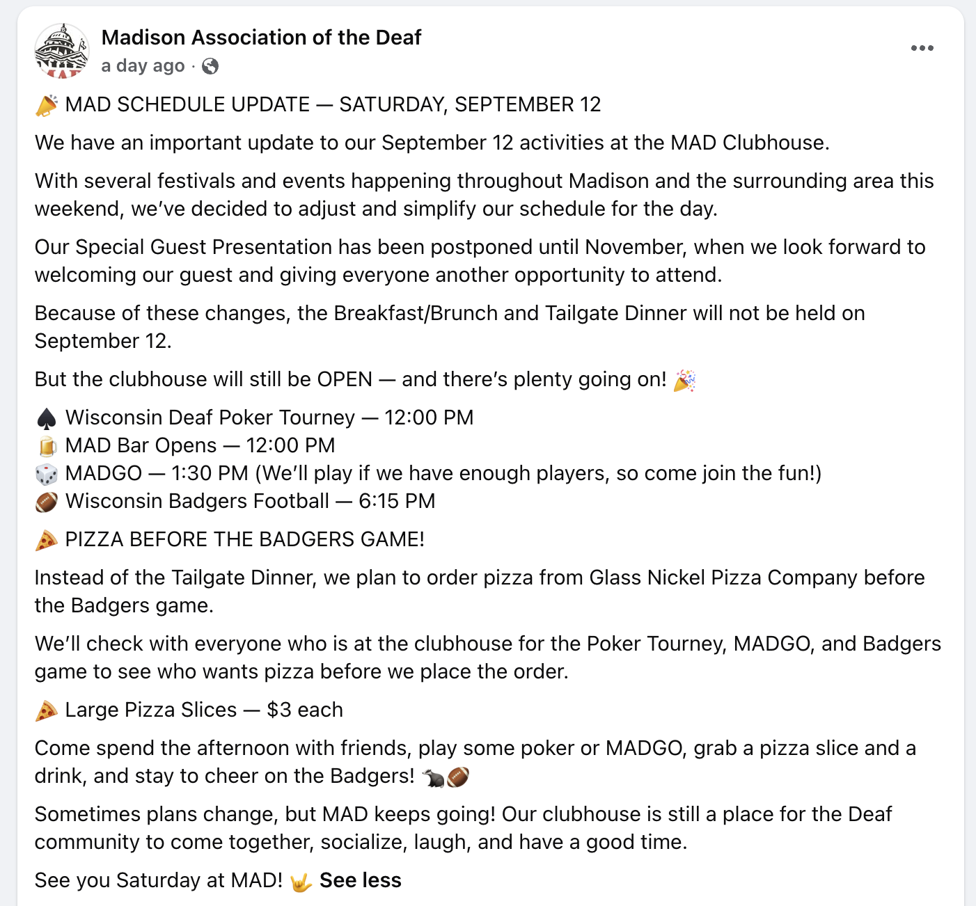 MAD Open House Events - SCHEDULE CHANGES