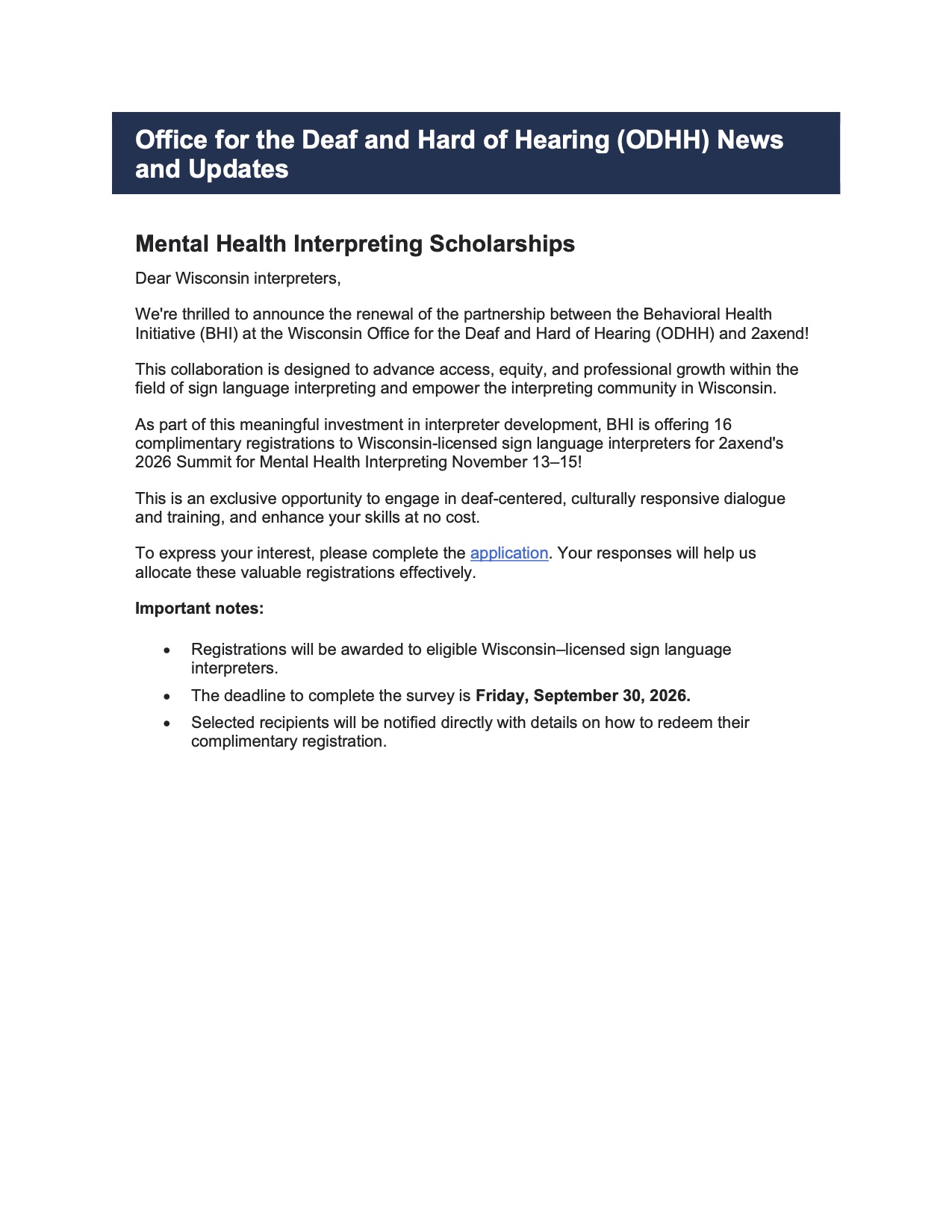 DEADLINE: Mental Health Interpreting Summit Scholarship Applications flyer