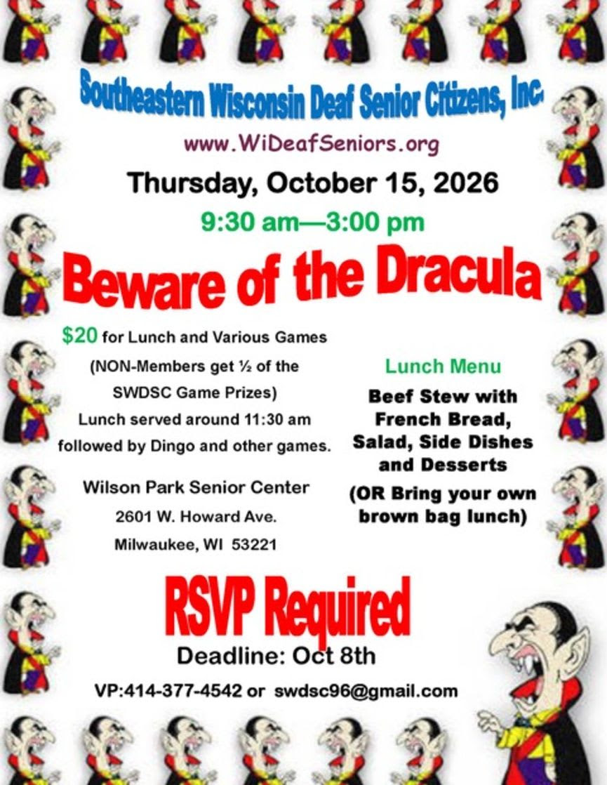 SWDSC Beware of the Dracula Event at Wilson Park Senior Center flyer
