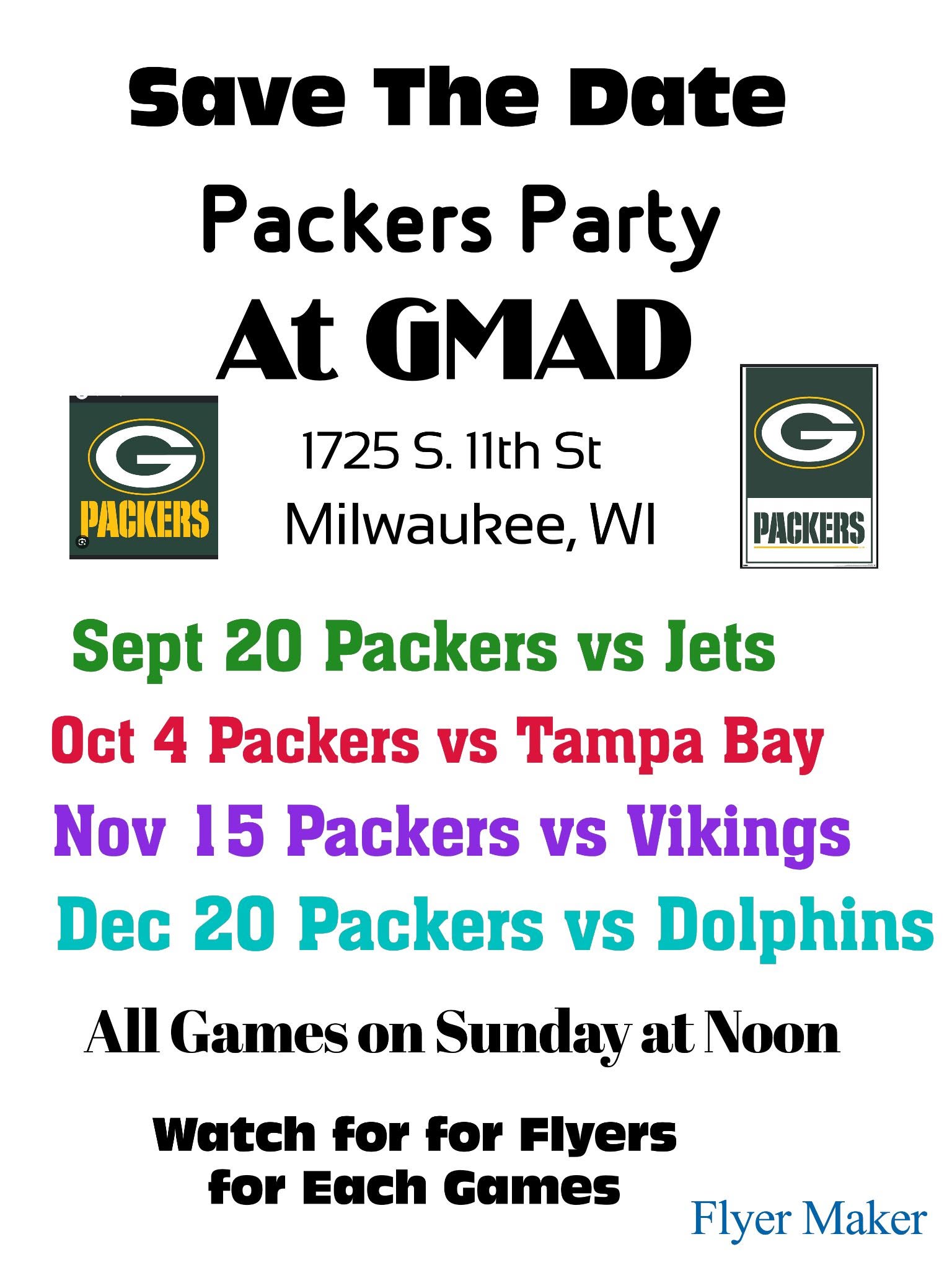 GMAD Packers Games (Save the Date) Flyer