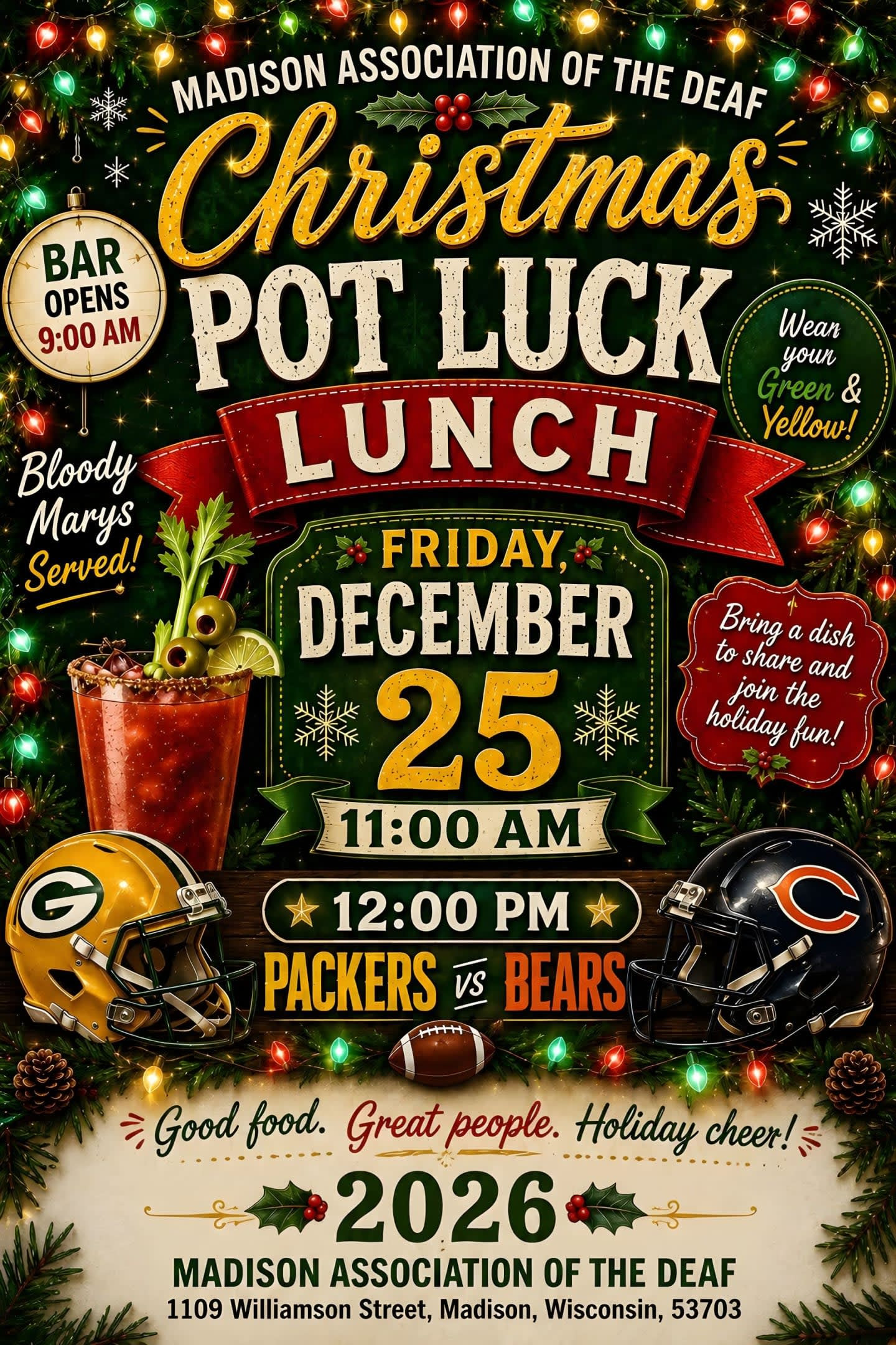 MAD Potluck Lunch & Packers vs Bears Game flyer