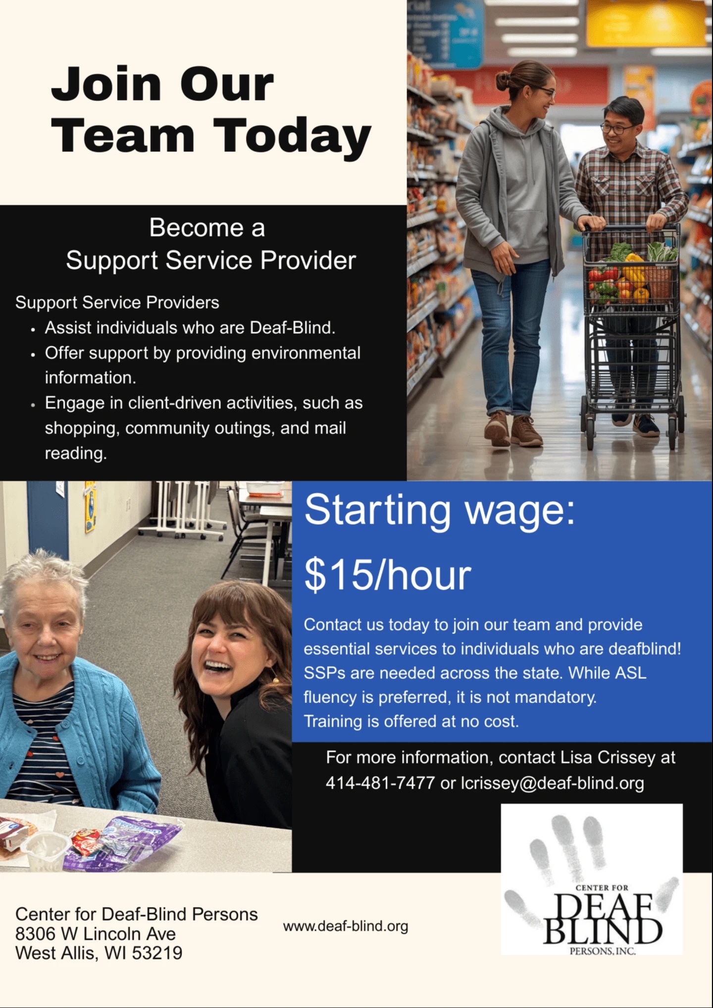 Center for the DeafBlind, Inc - Support Service Provider Job Opportunity flyer